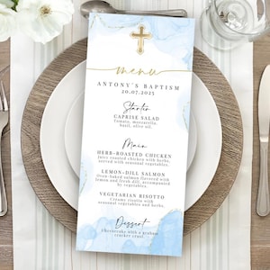 Modèle de menu de baptême moderne, menu de baptême garçon, menu de baptême or aquarelle pour garçons bleu, menu de table de baptême imprimable, toile modifiable