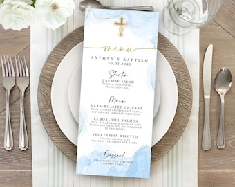 Modern Baptism Menu Template, Boy Baptism Menu, Blue Watercolor Boys Gold Baptism Menu, Printable Christening Table Menu, Editable Canva