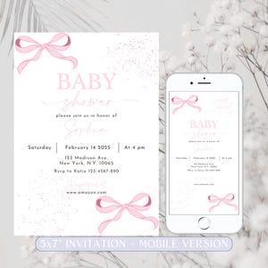 Pink Bow Baby Shower Invitation, Pink Coquette BABY SHOWER Invitation, Baby Girl Invite, Editable Coquette Bow Invite Template Printable