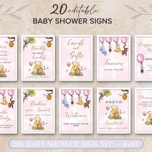 Letreros de Winnie the Pooh para baby shower, decoraciones clásicas de banderines de Winnie the Pooh para baby shower, letreros vintage de mesa con temática de osito Pooh para imprimir. S2