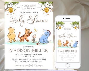 Winnie The Pooh Baby Shower Invitation, Classic Winnie Pooh Baby Shower Invitation Editable Winnie The Pooh Baby Shower Neutral Gender Evite