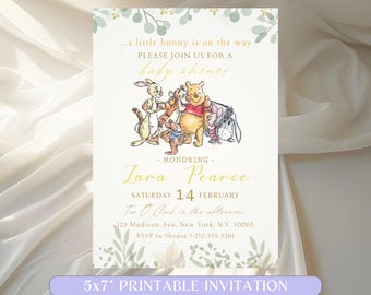 Editable Winnie The Pooh And Friends Baby Shower Invitation, Greenery Winnie Pooh Baby Shower Party, Gender Neutral Baby Shower Invite Canva