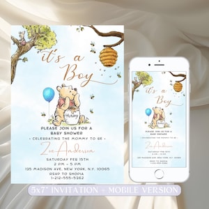 Editable Winnie The Pooh Baby Shower Invitation, Winnie Pooh Invitation Its A Boy Pooh Invite Blue Evite Printable Template Instant Download image 1