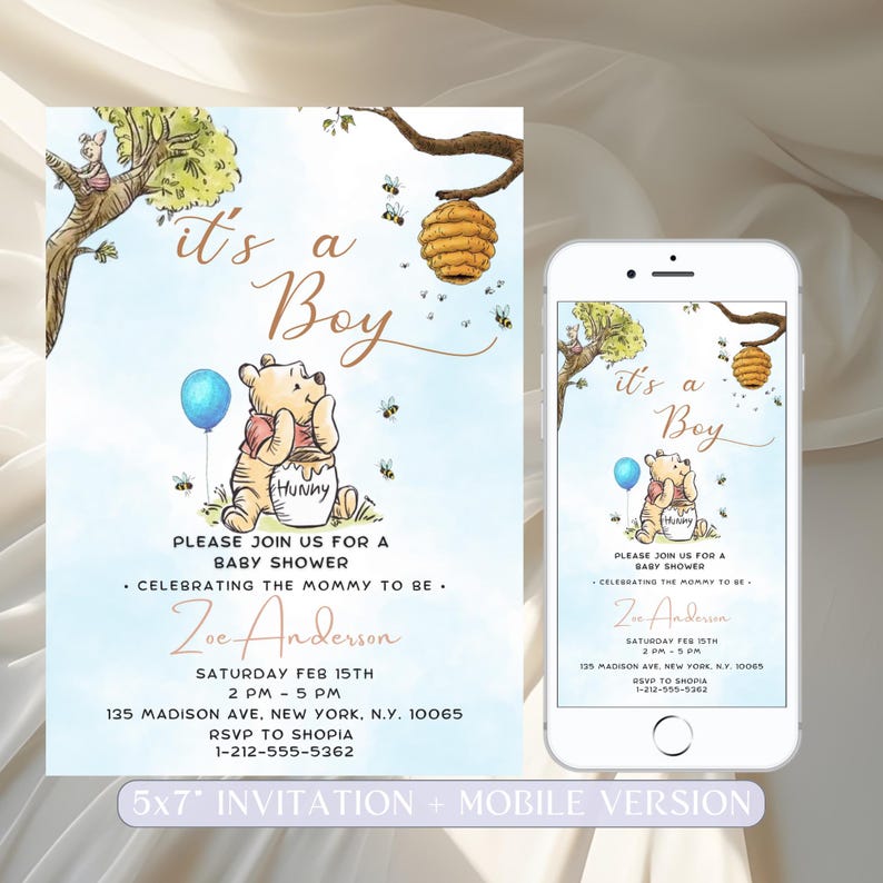 Editable Winnie The Pooh Baby Shower Invitation, Winnie Pooh Invitation Its A Boy Pooh Invite Blue Evite Printable Template Instant Download image 1