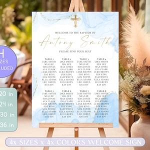 Modello di pianta dei posti a sedere per il battesimo moderno, grafico del tavolo per il battesimo dei bambini, grafico del tavolo per il battesimo dei bambini in oro con acquerello blu, cartello blu per il battesimo Canva