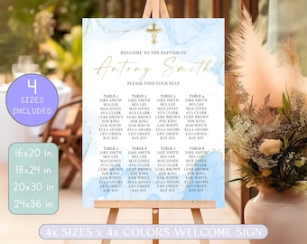 Modern Baptism Seating Plan Template, Boy Baptism Table Chart, Blue Watercolor Boys Gold Baptism Table Chart, Blue Christening Sign Canva