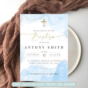 Modern Baptism Invitation Template, Baptism Invitation Phone, Blue Watercolor Boys Gold Baptism Evite, Digital editable Invite Christening image 2