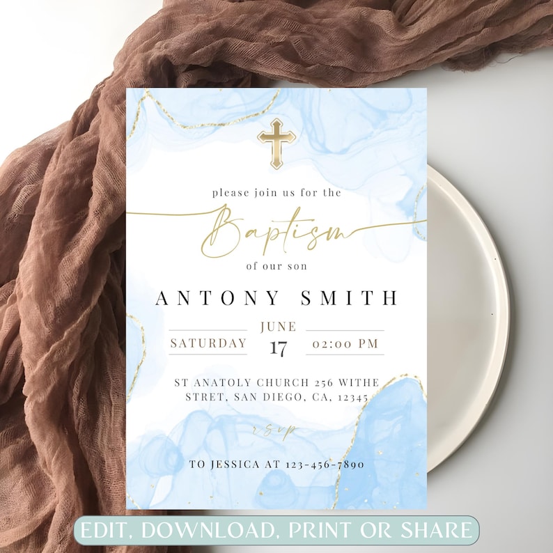 Modern Baptism Invitation Template, Baptism Invitation Phone, Blue Watercolor Boys Gold Baptism Evite, Digital editable Invite Christening image 2