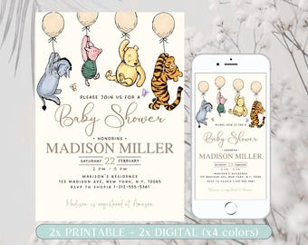 Editable Winnie The Pooh Baby Shower Invitation, Classic Winnie Pooh Baby Shower Invitation, Vintage Winnie Pooh Baby Shower Printable. S1