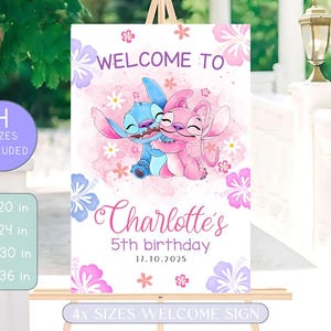 Cartello di benvenuto per la festa di compleanno di Stitch e Angel, cartello di benvenuto modificabile di Stitch, decorazioni per feste di Stitch, cartello di benvenuto stampabile per il compleanno di Stitch