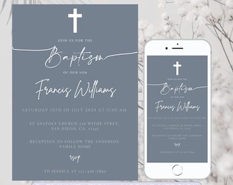 Puede incluir: Una invitación de bautismo azul y blanca con una cruz y el texto "Únete a nosotros para el bautismo de nuestro hijo Francis Williams" y la fecha y hora del evento. La invitación también incluye una versión móvil.