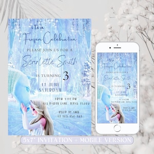 Plantilla de invitación de cumpleaños editable de Frozen, invitación de cumpleaños de la princesa Elsa para niña, invitación digital para fiesta de cumpleaños para niñas, descarga instantánea imprimible