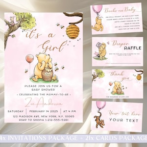 Redigerbar Nalle Puh-inbjudan till babyshowern. Nalle Puh-inbjudningsset. Digital inbjudan till flicka, utskrivbara kort. S2