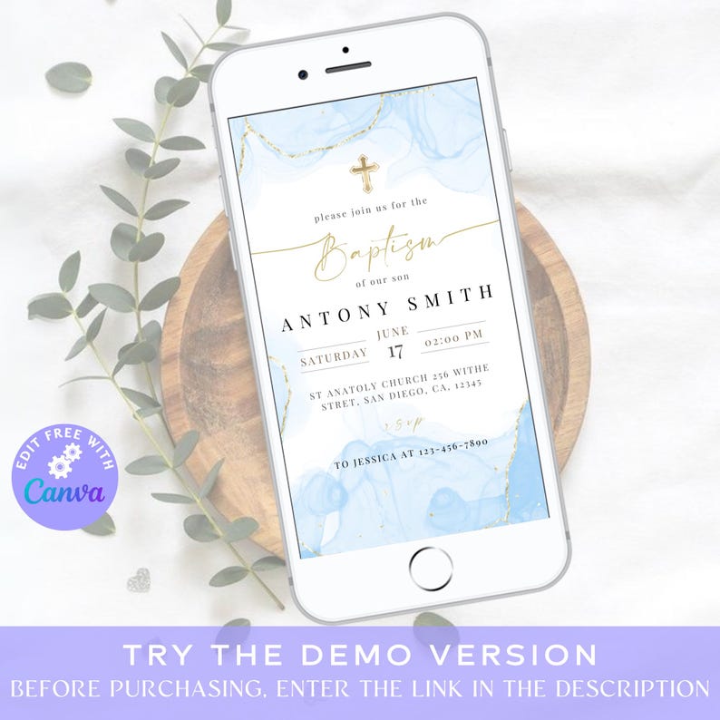 May include: A blue and gold baptism invitation with a cross and the text "Baptism of our son Antony Smith" and details for the event. The invitation is displayed on a smartphone screen.