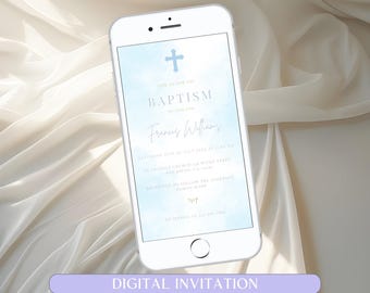Modern Baptism Invitation Template, Boy Baptism Invitation Smartphone, Blue Watercolor Boys Baptism Evite, Digital Christening Invite Canva