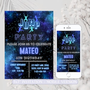 Trampoline Park Birthday Party Invitation, Trampoline Invitation, Jumping Birthday Party Invitation, Glow Galaxy, Printable Instant Download