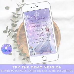 K&ouml;nnte beinhalten: Eine digitale Einladung zu einer Frozen-Geburtstagsparty. Die Einladung hat einen violetten Hintergrund mit Schneeflocken und ein Bild von Elsa aus dem Film Frozen. Der Text auf der Einladung lautet "It's a Frozen Celebration" und "Please join us for a Scarlette Smith is turning 5". Die Einladung enth&auml;lt auch das Datum und die Uhrzeit der Party sowie die Adresse.
