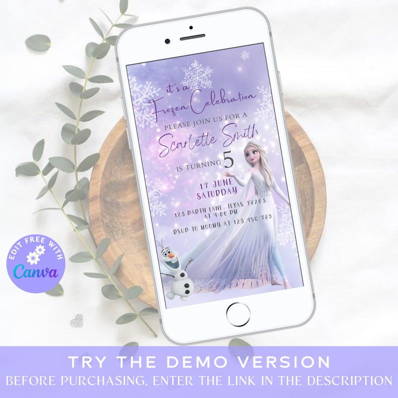 K&ouml;nnte beinhalten: Eine digitale Einladung zu einer Frozen-Geburtstagsparty. Die Einladung hat einen violetten Hintergrund mit Schneeflocken und ein Bild von Elsa aus dem Film Frozen. Der Text auf der Einladung lautet "It's a Frozen Celebration" und "Please join us for a Scarlette Smith is turning 5". Die Einladung enth&auml;lt auch das Datum und die Uhrzeit der Party sowie die Adresse.