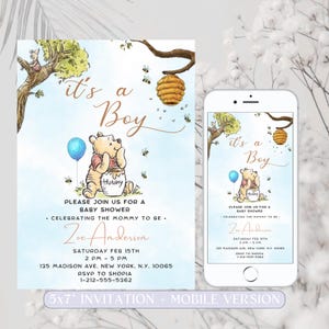 Invito modificabile per baby shower di Winnie the Pooh, invito Winnie the Pooh, invito "It's a Boy Pooh", modello stampabile, download immediato