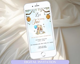 Editable Winnie the Pooh Birthday Invitation, Winnie Pooh Invitation, Boy First Birthday Digital File, Blue Template Instant Download Canva