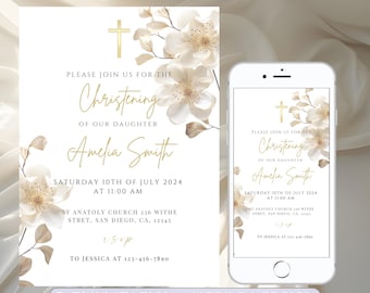 Boho Floral Baptism Invitation: Editable Girl Christening Evite (Digital)