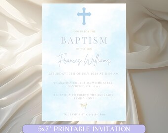 Modern Baptism Invitation Template, Boy Baptism Invitation Smartphone, Blue Watercolor Boys Baptism Evite, Digital Christening Invite Canva