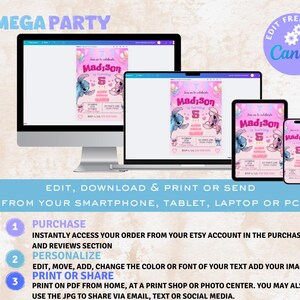 May include: Editable digital invitation for a birthday party. The invitation features a pink background with a cartoon image of Stitch from Lilo & Stitch. The text on the invitation reads "Madison's 5th Birthday".