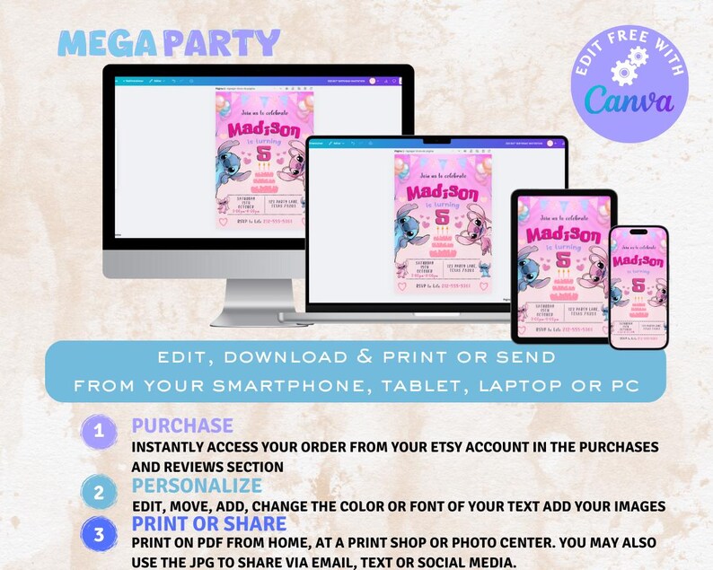 May include: Editable digital invitation for a birthday party. The invitation features a pink background with a cartoon image of Stitch from Lilo & Stitch. The text on the invitation reads "Madison's 5th Birthday".