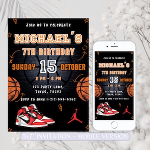Invito di compleanno a tema basket, invito sportivo, invito di compleanno per bambine e bambini, invito a tema basket, modello di invito stampabile modificabile