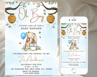 Invito modificabile per baby shower di Winnie The Pooh, invito di Winnie Pooh, invito Oh Boy Pooh, modello stampabile blu da scaricare immediatamente