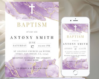 Modern Baptism Invitation Template, Baptism Invitation Phone, Violet Watercolor Girls Gold Baptism Evite, Digital Invite Christening Canva