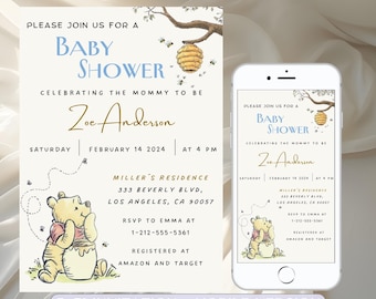 Convite editável para chá de bebê do Ursinho Pooh, Chá de bebê para menino com tema Ursinho Pooh, Tema neutro, Modelo imprimível do Ursinho Pooh