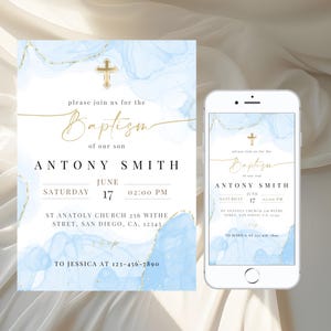 Modern Baptism Invitation Template, Baptism Invitation Phone, Blue Watercolor Boys Gold Baptism Evite, Digital editable Invite Christening image 1