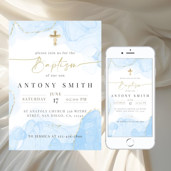 Modern Baptism Invitation Template, Baptism Invitation Phone, Blue Watercolor Boys Gold Baptism Evite, Digital editable Invite Christening