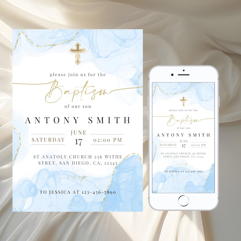 Modern Baptism Invitation Template, Baptism Invitation Phone, Blue Watercolor Boys Gold Baptism Evite, Digital editable Invite Christening image 1