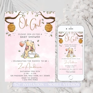 Babypartyeinladung Winnie the Pooh, rosa Winnie the Pooh Einladung für Mädchen, Winnie the Pooh Oh Girl E-vite, bearbeitbare druckbare Vorlage