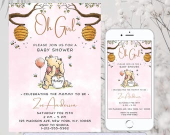 Winnie the Pooh Baby Shower Invitation, Pink Winnie The Pooh Invitation For Girl, Winnie Pooh Oh Girl E-vite, Editable Printable Template