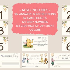 May include: Winnie the Pooh themed baby shower game cards with instructions, game tickets, baby numbers, and graphics. The cards are white with a pink and green border. The cards feature Winnie the Pooh and Piglet.