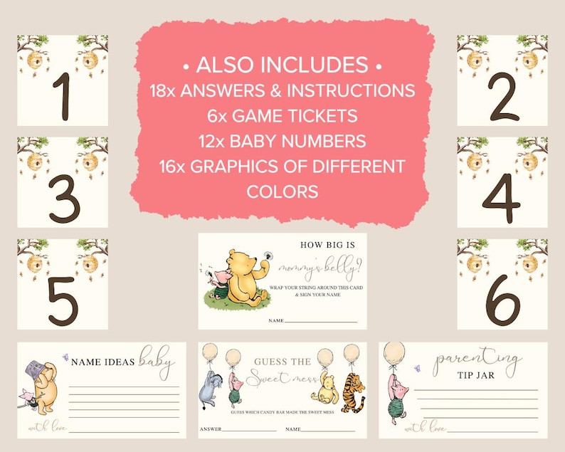 May include: Winnie the Pooh themed baby shower game cards with instructions, game tickets, baby numbers, and graphics. The cards are white with a pink and green border. The cards feature Winnie the Pooh and Piglet.