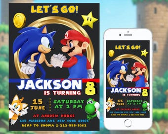 Sonic & Mario Geburtstagseinladung, Double Theme einladen, Mario Geburtstagseinladung, Sonic Einladung, Dual Invite, bearbeitbare druckbare Canva