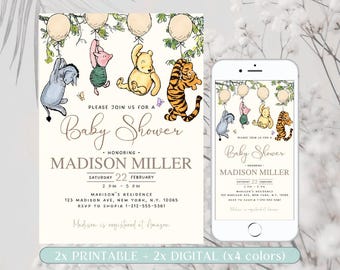 Editable Winnie The Pooh Baby Shower Invitation, Classic Winnie Pooh Baby Shower Invitation, Vintage Winnie Pooh Baby Shower Printable. S1