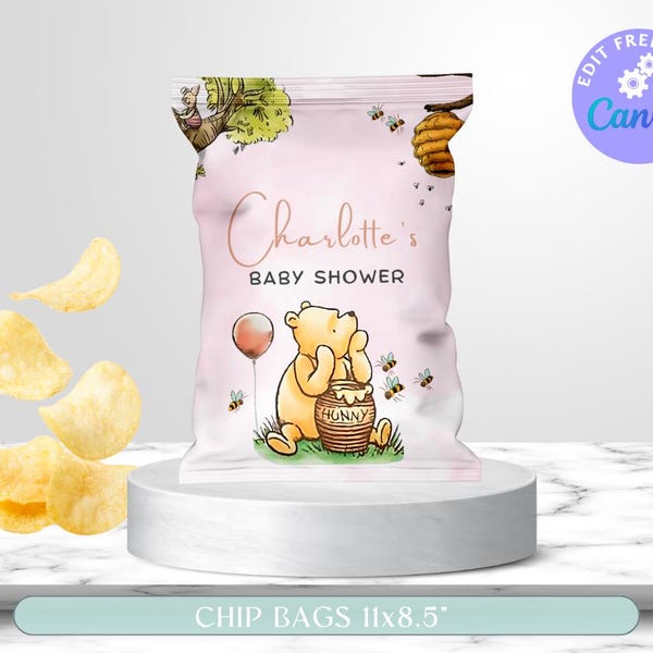 Bewerkbare Winnie the Pooh-chipzakjes. Winnie de Poeh-zakjes voor babyshower. Babyshower. Label voor babyshowerchipzakje. Sjablooncanva. S2