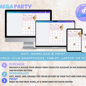 May include: A digital image showing a printable baby bingo game with a Winnie the Pooh theme. The image shows the game on a computer screen, tablet, and phone. The text on the image says "Mega Party" and "Edit, Download & Print from your smartphone, tablet, laptop or PC".