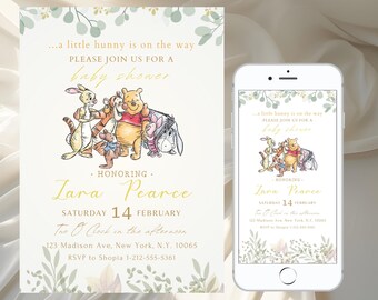 Editable Winnie The Pooh And Friends Baby Shower Invitation, Greenery Winnie Pooh Baby Shower Party, Gender Neutral Baby Shower Invite Canva