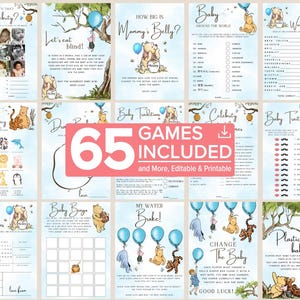 May include: A collection of printable baby shower games featuring Winnie the Pooh characters. The games include "Who's That Celebrity?", "Let's Eat Blind!", "How Big is Mommy's Belly?", and more. The text "65 GAMES INCLUDED" is prominently displayed.