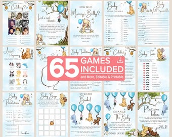 Puede incluir: Un conjunto de juegos imprimibles para baby shower con personajes de Winnie the Pooh. Los juegos incluyen "¿Quién es esa celebridad?", "¡Comamos a ciegas!", "¿Qué tan grande es la barriga de mamá?" y más. El texto "65 JUEGOS INCLUIDOS" se muestra.