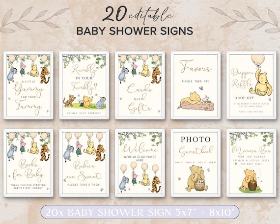Editable Winnie The Pooh Baby Shower Signs, Classic Winnie The Pooh Baby Shower Decorations, Vintage Pooh Bear Table Signs Printable. S1