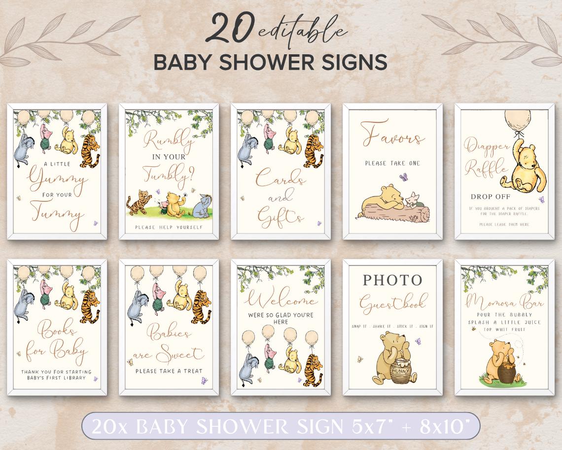 Editable Winnie The Pooh Baby Shower Signs, Classic Winnie The Pooh Baby Shower Decorations, Vintage Pooh Bear Table Signs Printable. S1