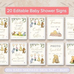 Może przedstawiać: Dwudzieścia drukowanych tabliczek na baby shower z postaciami z Kubusia Puchatka. Tabliczki są w białej ramce z jasnor&oacute;żowym tłem. Tabliczki zawierają takie zwroty jak "Trochę pyszności dla Twojego brzuszka", "Rambly w Twoim Tumbly", "Kartki i prezenty", "Witamy Cieszymy się, że jesteś", "Upominki Proszę, weź jeden", "Fotograficzna księga gości", "Dapper Raffle Drop Off", "Książki dla dziecka", "Dzieci są słodkie", i "Morea Bar".