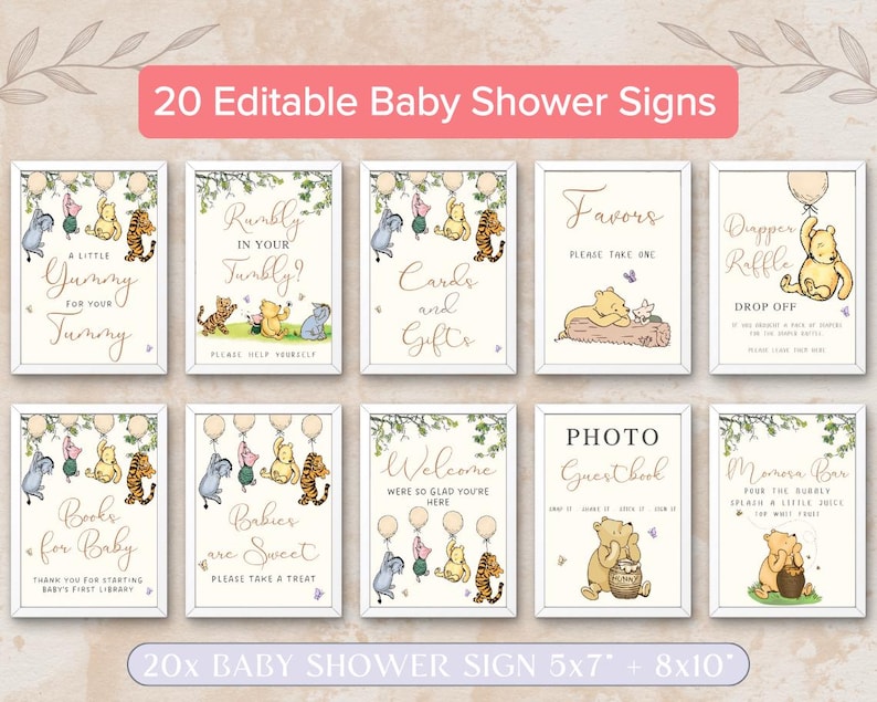 Może przedstawiać: Dwudzieścia drukowanych tabliczek na baby shower z postaciami z Kubusia Puchatka. Tabliczki są w białej ramce z jasnor&oacute;żowym tłem. Tabliczki zawierają takie zwroty jak "Trochę pyszności dla Twojego brzuszka", "Rambly w Twoim Tumbly", "Kartki i prezenty", "Witamy Cieszymy się, że jesteś", "Upominki Proszę, weź jeden", "Fotograficzna księga gości", "Dapper Raffle Drop Off", "Książki dla dziecka", "Dzieci są słodkie", i "Morea Bar".